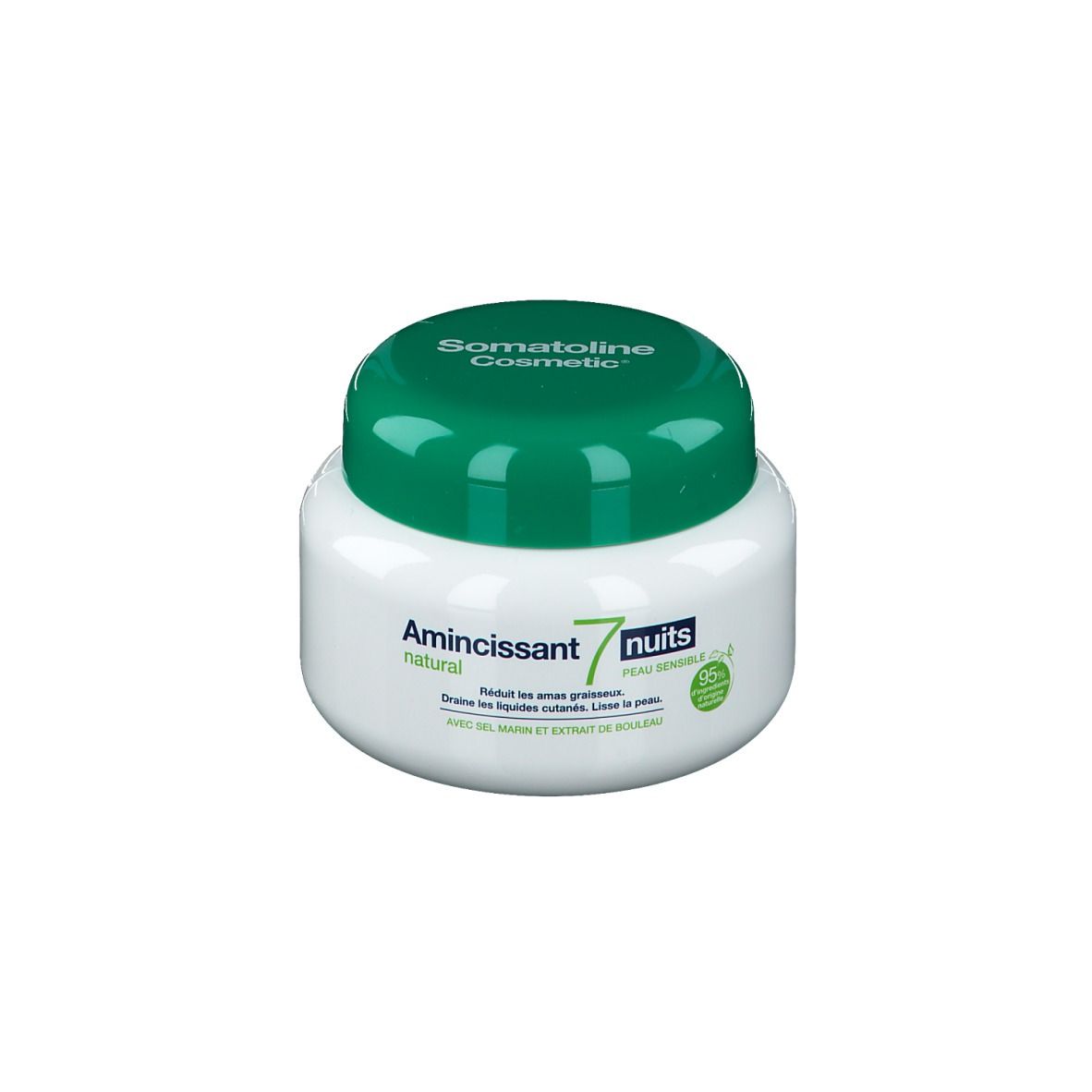 Pot blanc avec couvercle vert. Inscription Somatoline Cosmetic, Amincissant 7 nuits, natural. Étiquettes vertes et blanches.