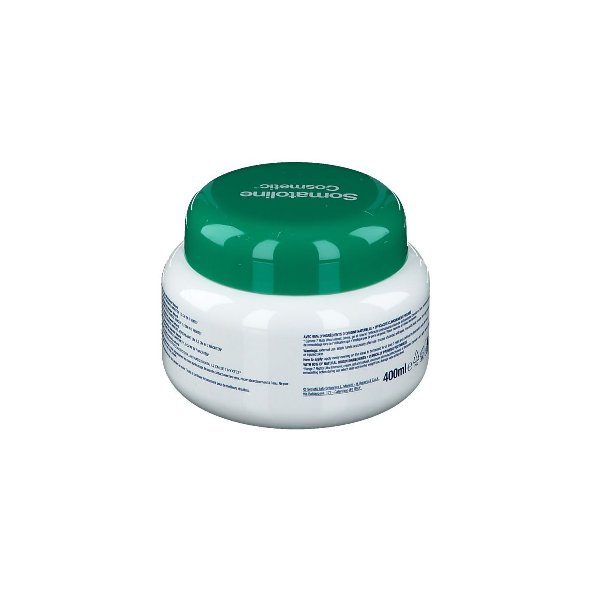 Pot blanc avec couvercle vert. Dos avec texte. Inscription Somatoline Cosmetic. Étiquettes vertes et blanches.