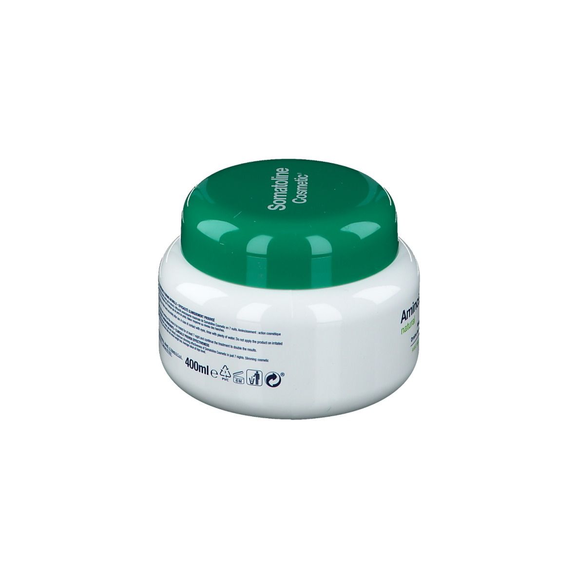 Pot blanc avec couvercle vert. Dos avec texte. Inscription Somatoline Cosmetic. Étiquettes vertes et blanches.