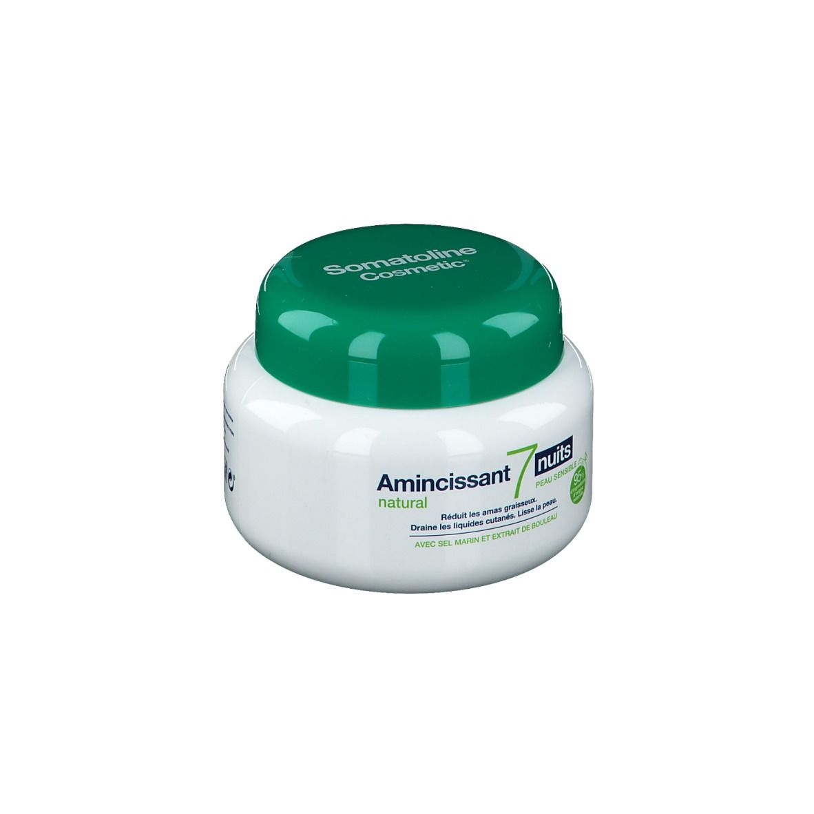 Pot blanc avec couvercle vert. Inscription Somatoline Cosmetic, Amincissant 7 nuits, natural. Étiquettes vertes et blanches.