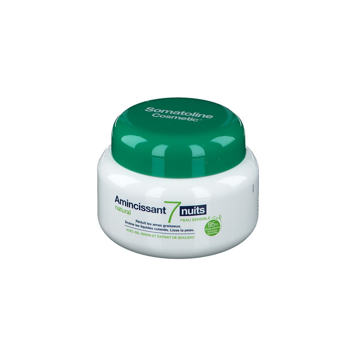 Pot blanc avec couvercle vert. Inscription Somatoline Cosmetic, Amincissant 7 nuits, natural. Étiquettes vertes et blanches.
