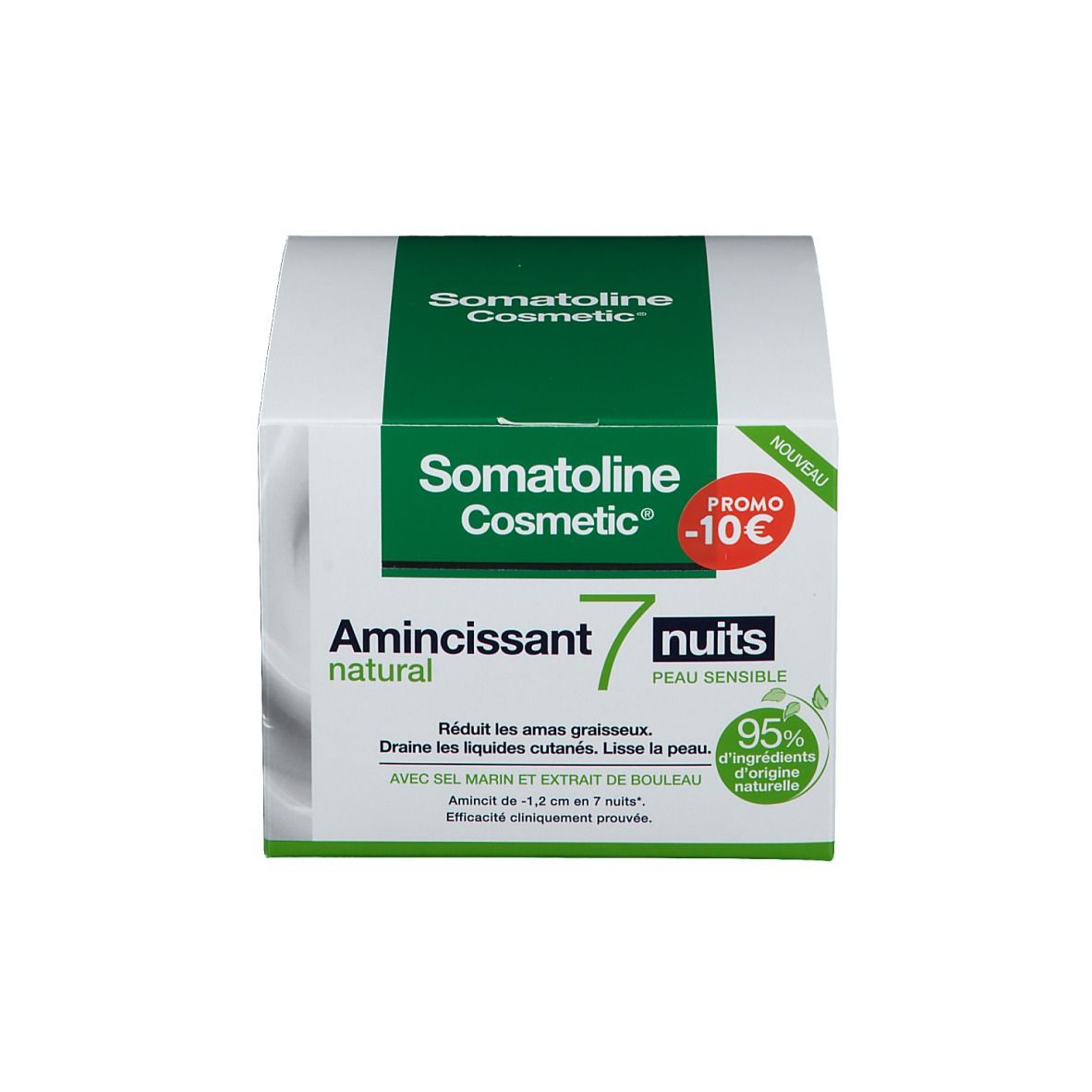 Emballage avec produit. Inscription Somatoline Cosmetic, Amincissant 7 nuits, natural. Étiquettes vertes et blanches. Promo -10€.