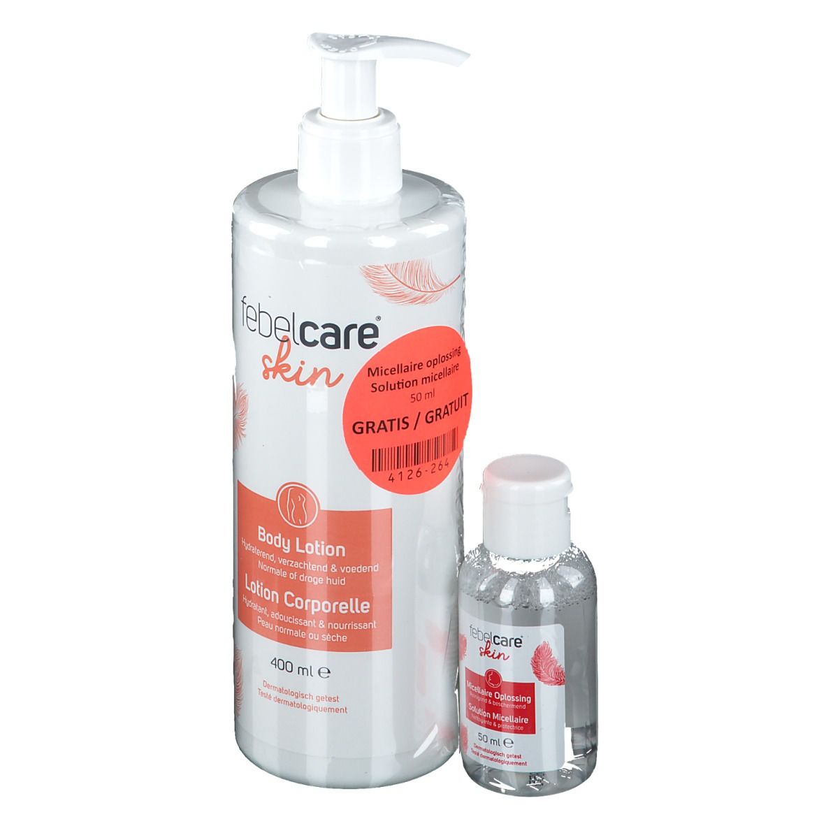 Lotion corporelle et solution nettoyante. Flacons blancs avec pompe. Étiquettes rouges avec informations.