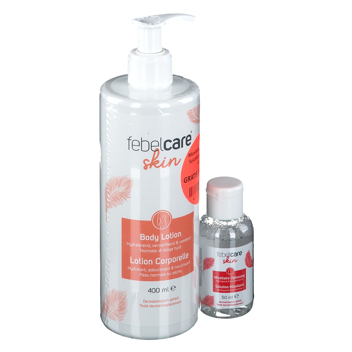 Lotion corporelle et solution nettoyante. Flacons blancs avec pompe. Étiquettes rouges avec informations.