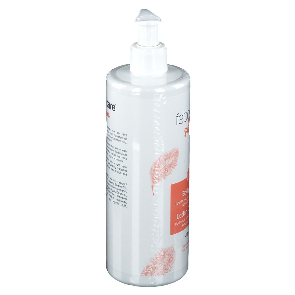 Lotion corporelle. Flacon blanc avec pompe. Étiquette rouge avec informations produit.