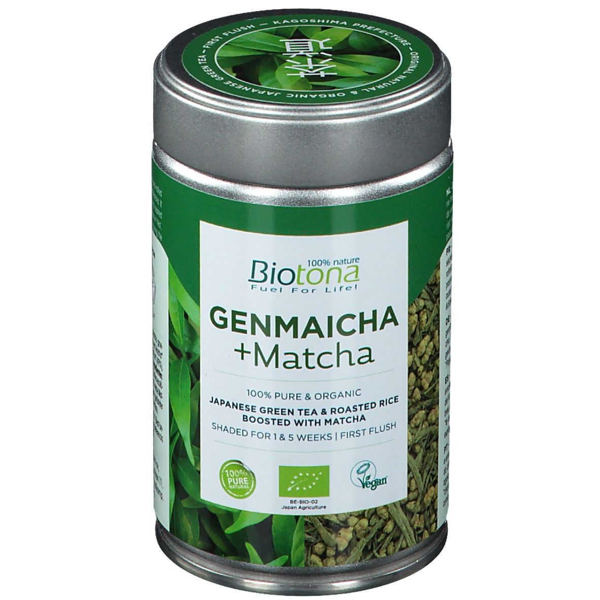 Cilindervormige doos met groen etiket. Opschrift: Biotona Genmaicha + Matcha. 100% Pure & Organic. Met bio-label.