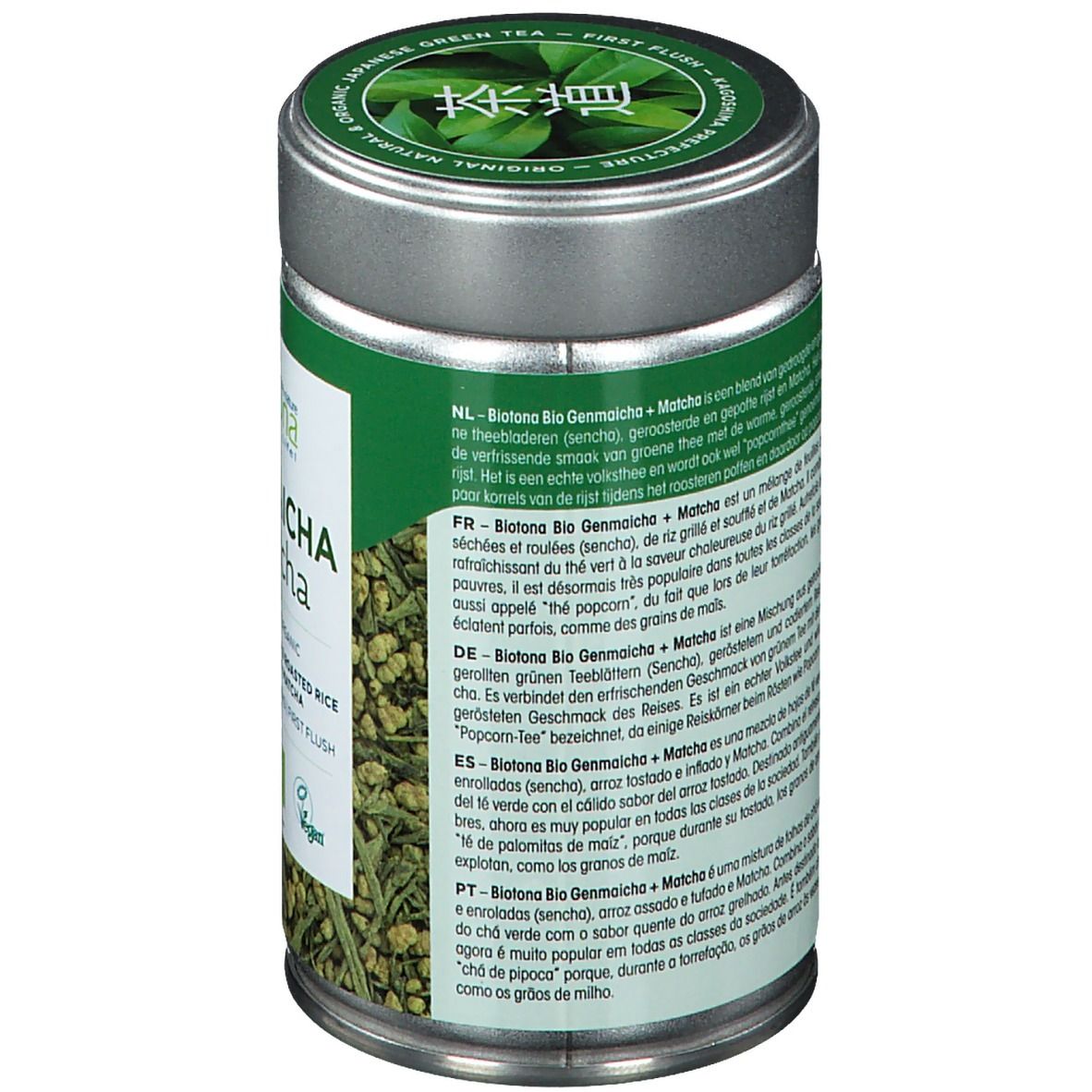 Cilindervormige doos, zijaanzicht. Tekst in meerdere talen. Bevat informatie over Biotona Bio Genmaicha + Matcha.