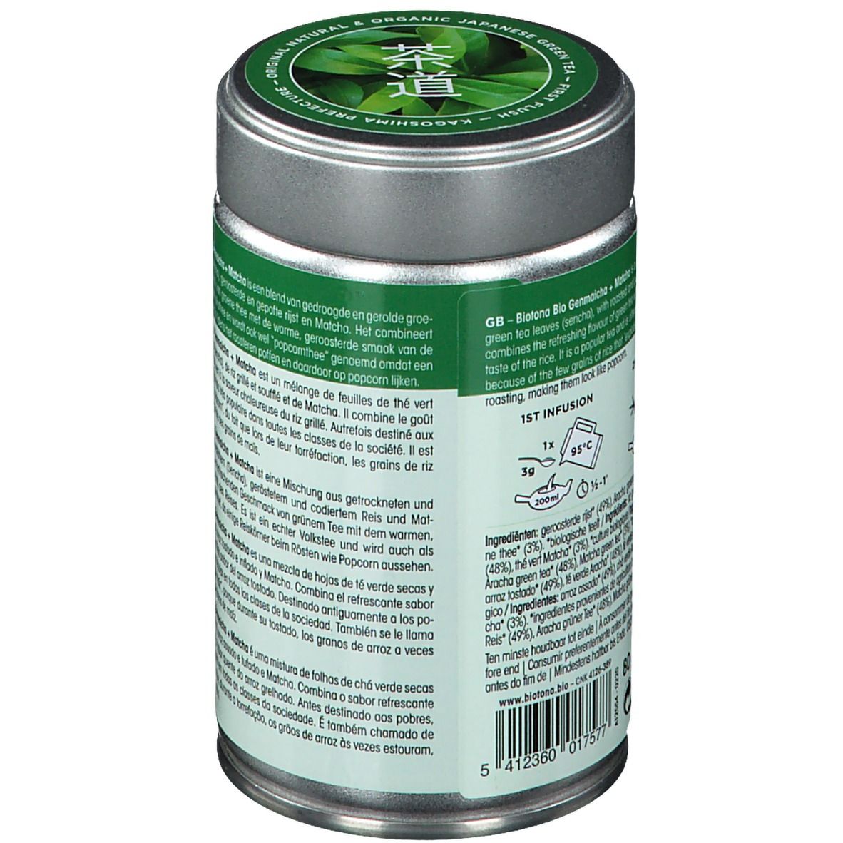 Cilindervormige doos, schuine weergave. Tekst in meerdere talen. Bevat informatie over Biotona Bio Genmaicha + Matcha.
