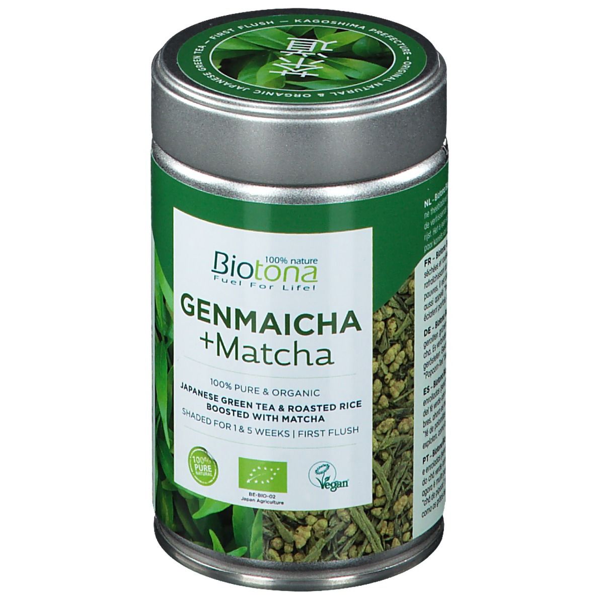 Cilindervormige doos met groen etiket. Opschrift: Biotona Genmaicha + Matcha. 100% Pure & Organic. Met bio-label.