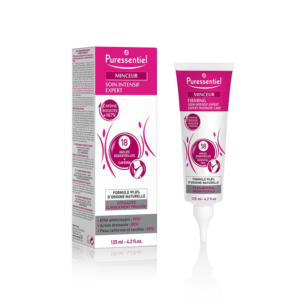 Tube et boîte Puressentiel Firming Expert. Texte : Minceur, Soin Intensif Expert, 18 Huiles Essentielles, Caféine.