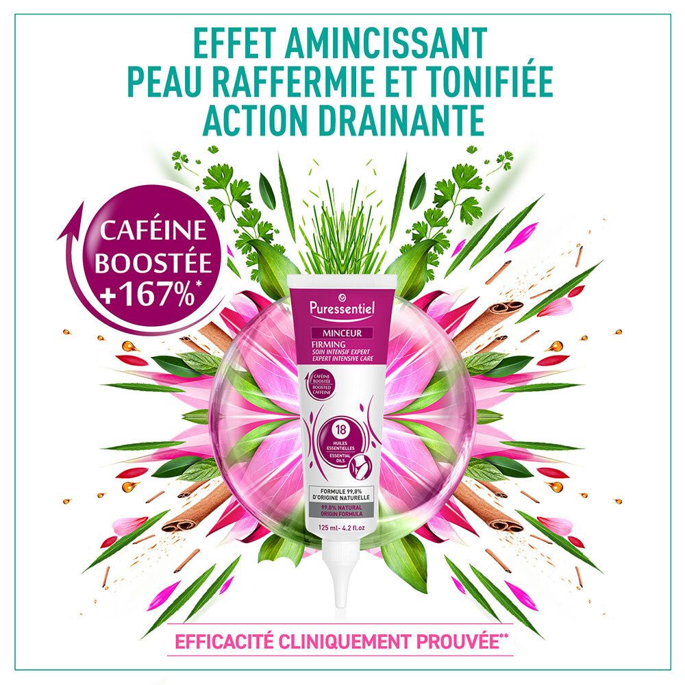 Tube Puressentiel Firming Expert avec fond floral. Texte : Minceur, Firming, Soin Intensif Expert, 18 Huiles Essentielles, Caféine.