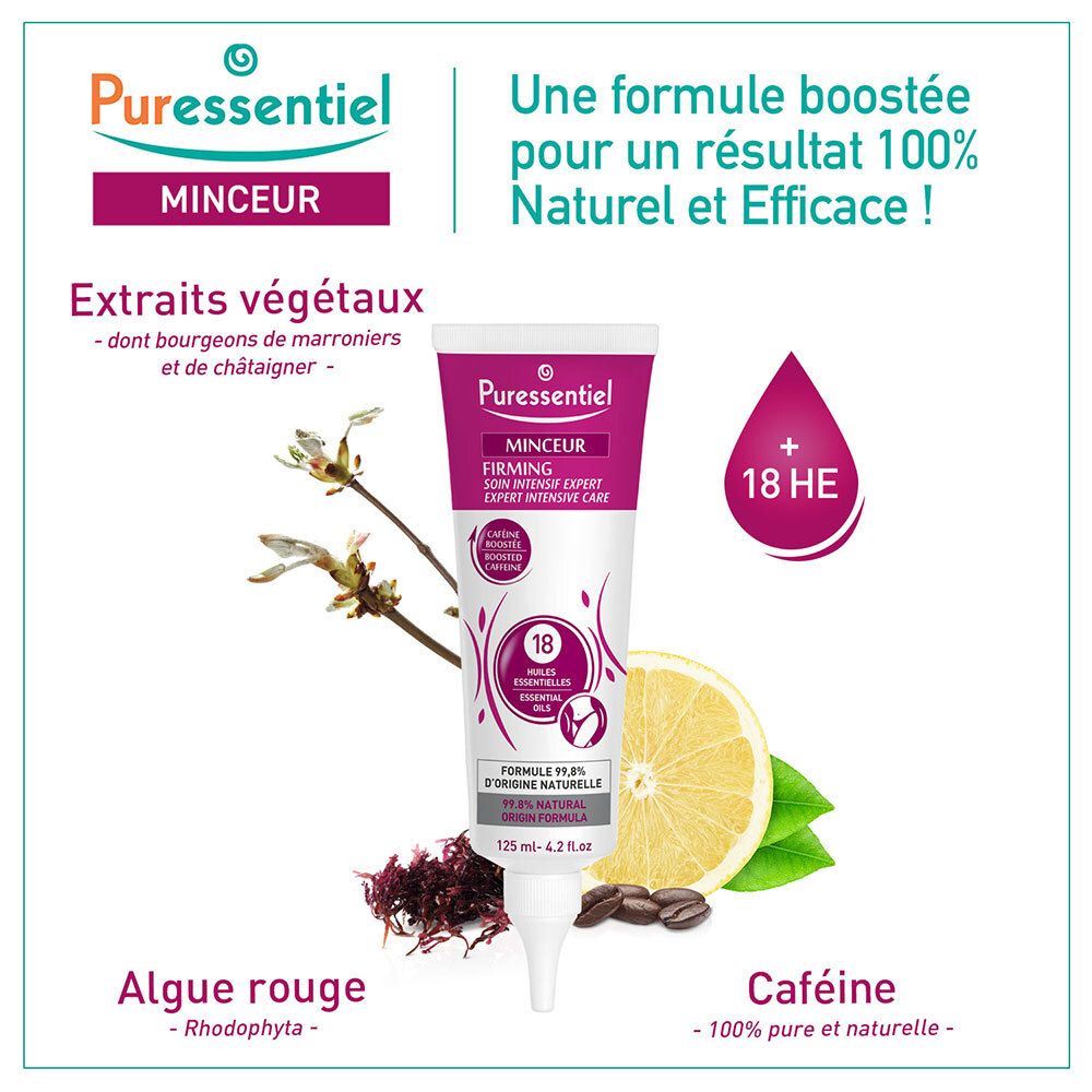Tube Puressentiel Firming Expert avec plantes et citron. Texte : Minceur, Firming, Soin Intensif Expert, 18 Huiles Essentielles, Caféine.