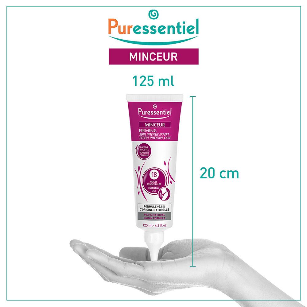 Tube Puressentiel Firming Expert dans la main. Dimensions : 20 cm de haut. Texte : Minceur, Firming, Soin Intensif Expert, 125 ml.