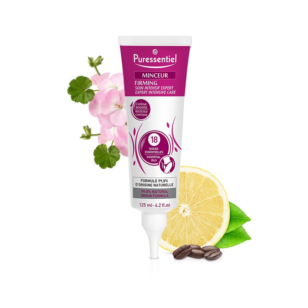 Tube Puressentiel Firming Expert avec fond floral. Texte : Minceur, Firming, Soin Intensif Expert, 18 Huiles Essentielles, Caféine.