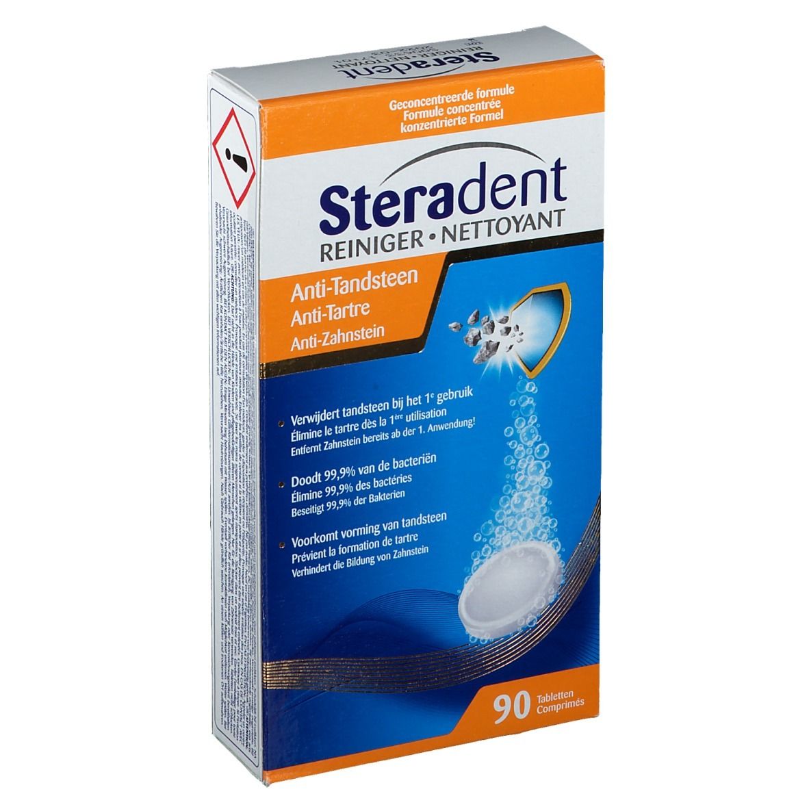 Verpakking Steradent Anti-Tandsteen reinigingstabletten. 90 tabletten. Productnaam en waarschuwing zichtbaar.