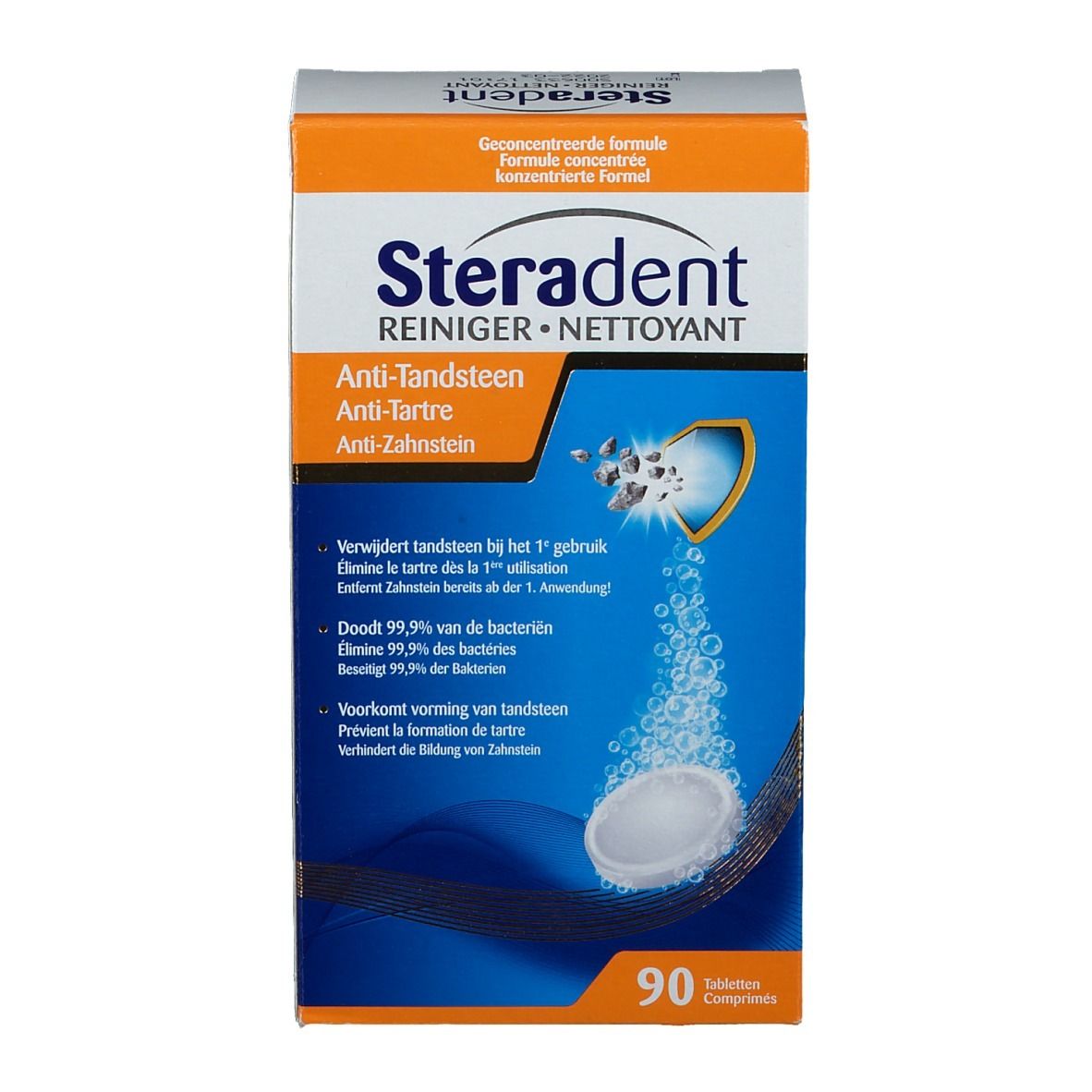Verpakking Steradent Anti-Tandsteen reinigingstabletten. 90 tabletten. Productnaam, beschrijving en waarschuwing.