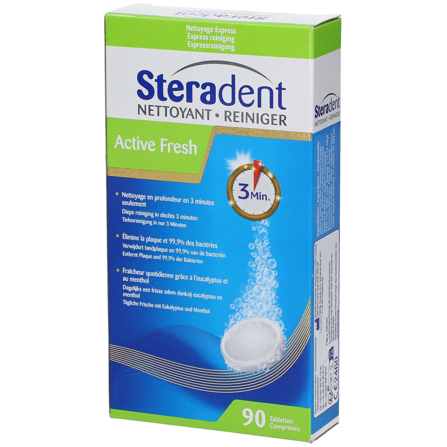 Schachtel Steradent Active Fresh. Aufschrift: Reiniger, 3 Min. Tabletten. 90 Tabletten. Blauer Hintergrund mit Tablette und Blasen.