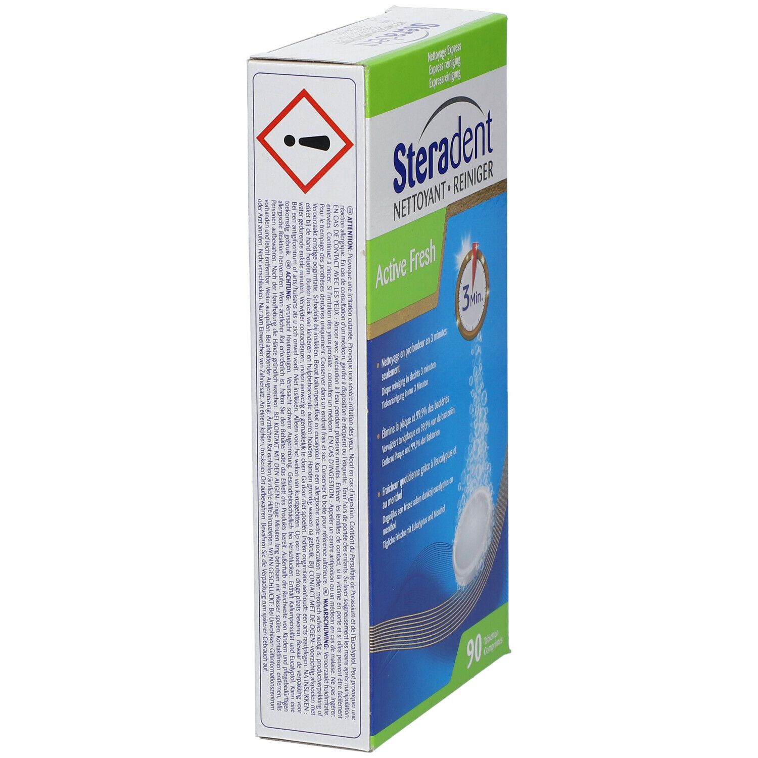 Schachtel Steradent Active Fresh. Seite mit Warnsymbol und Text. Aufschrift: Steradent, Reiniger, Active Fresh, 90 Tabletten.