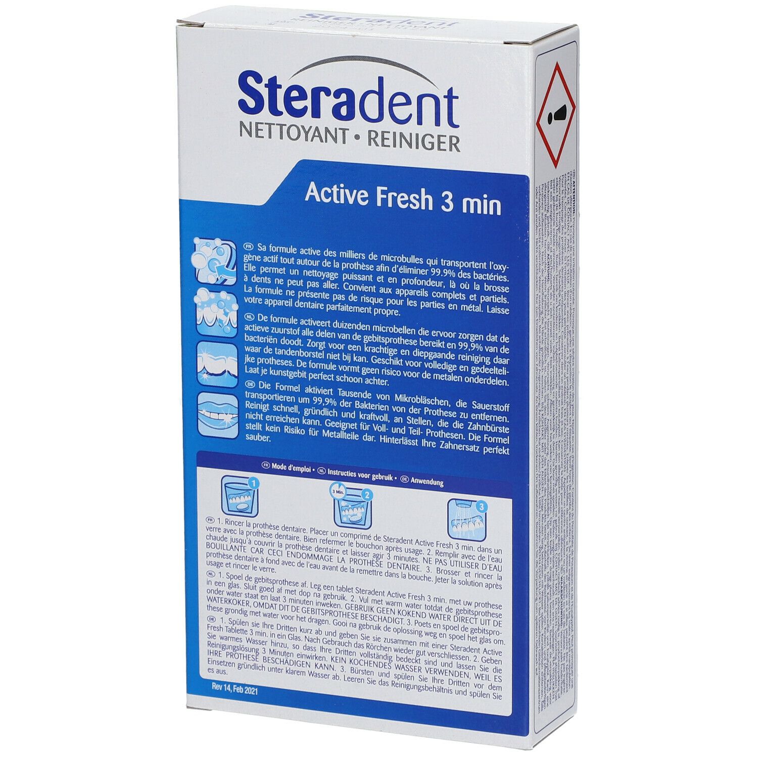 Rückseite der Schachtel Steradent Active Fresh. Text in mehreren Sprachen. Warnsymbol. Aufschrift: Steradent, Reiniger, Active Fresh, 3 min.