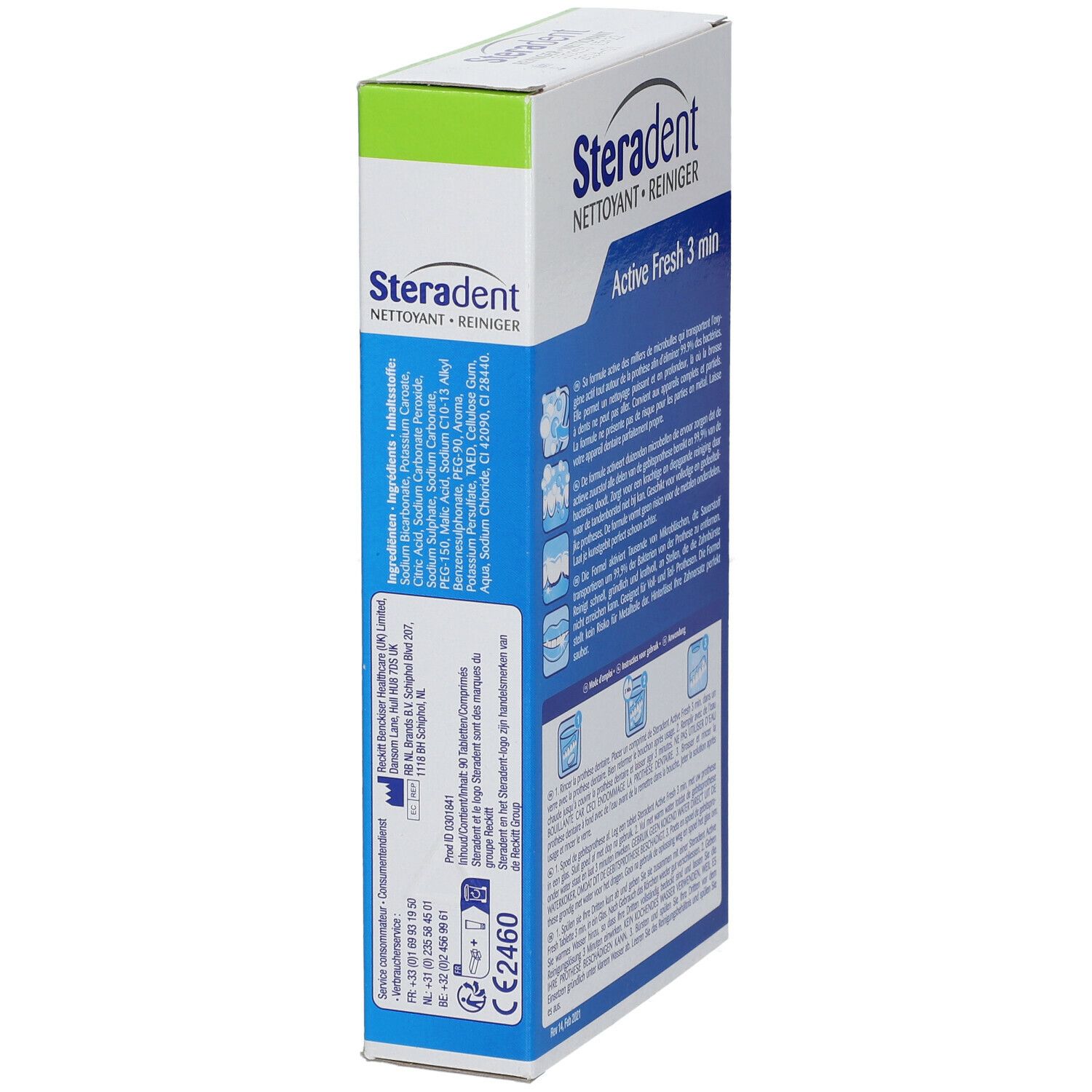 Seite der Schachtel Steradent Active Fresh. Inhaltsstoffe, Kontaktinformationen. Aufschrift: Steradent, Reiniger, Active Fresh, CE2460.