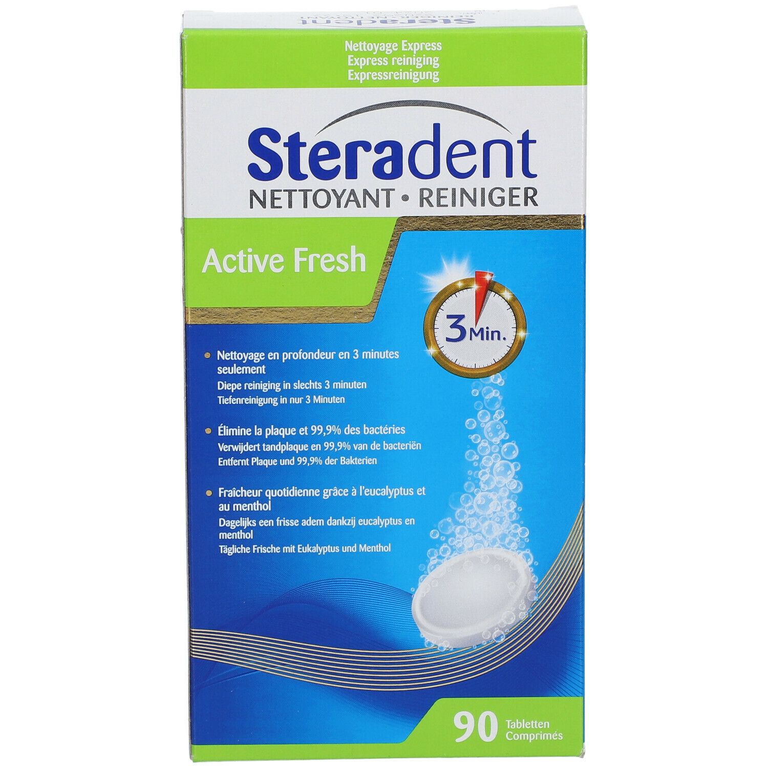 Schachtel Steradent Active Fresh. Aufschrift: Reiniger, 3 Min. Tabletten. 90 Tabletten. Blauer Hintergrund mit Tablette und Blasen.