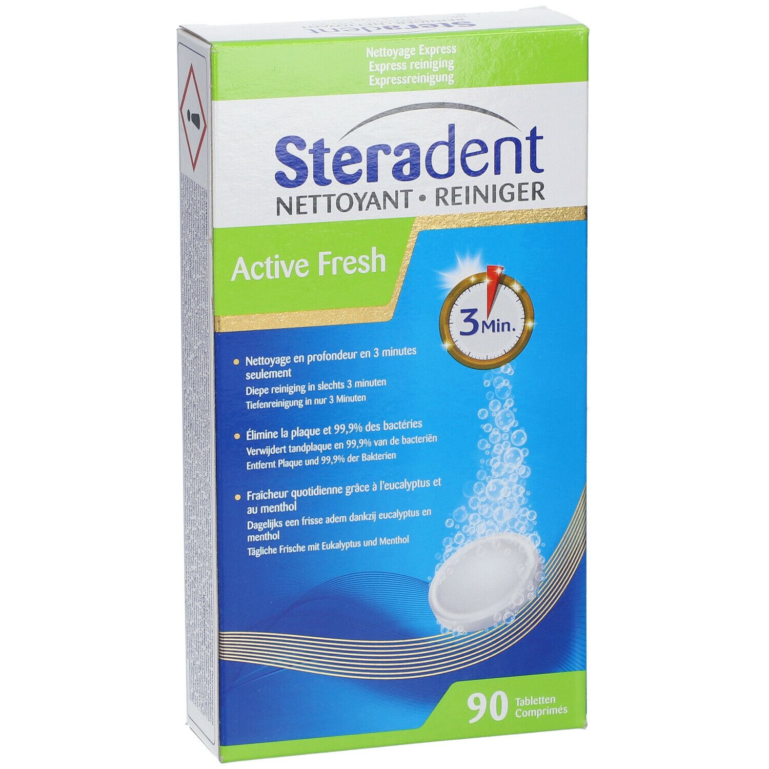 Schachtel Steradent Active Fresh. Aufschrift: Reiniger, 3 Min. Tabletten. 90 Tabletten. Blauer Hintergrund mit Tablette und Blasen.