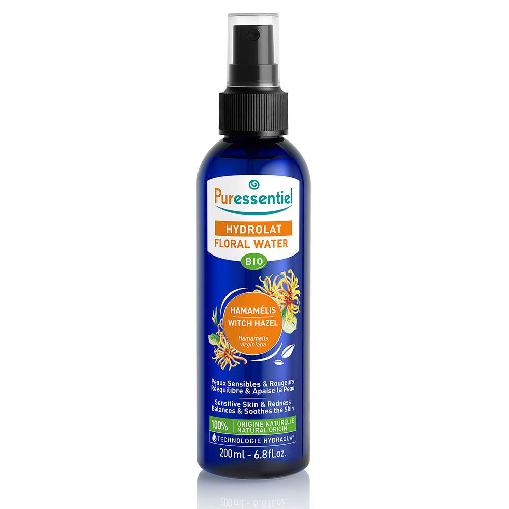 Flacon bleu avec vaporisateur. Inscription: Puressentiel, Hydrolat Floral Water Bio, Hamamelis Witch Hazel.