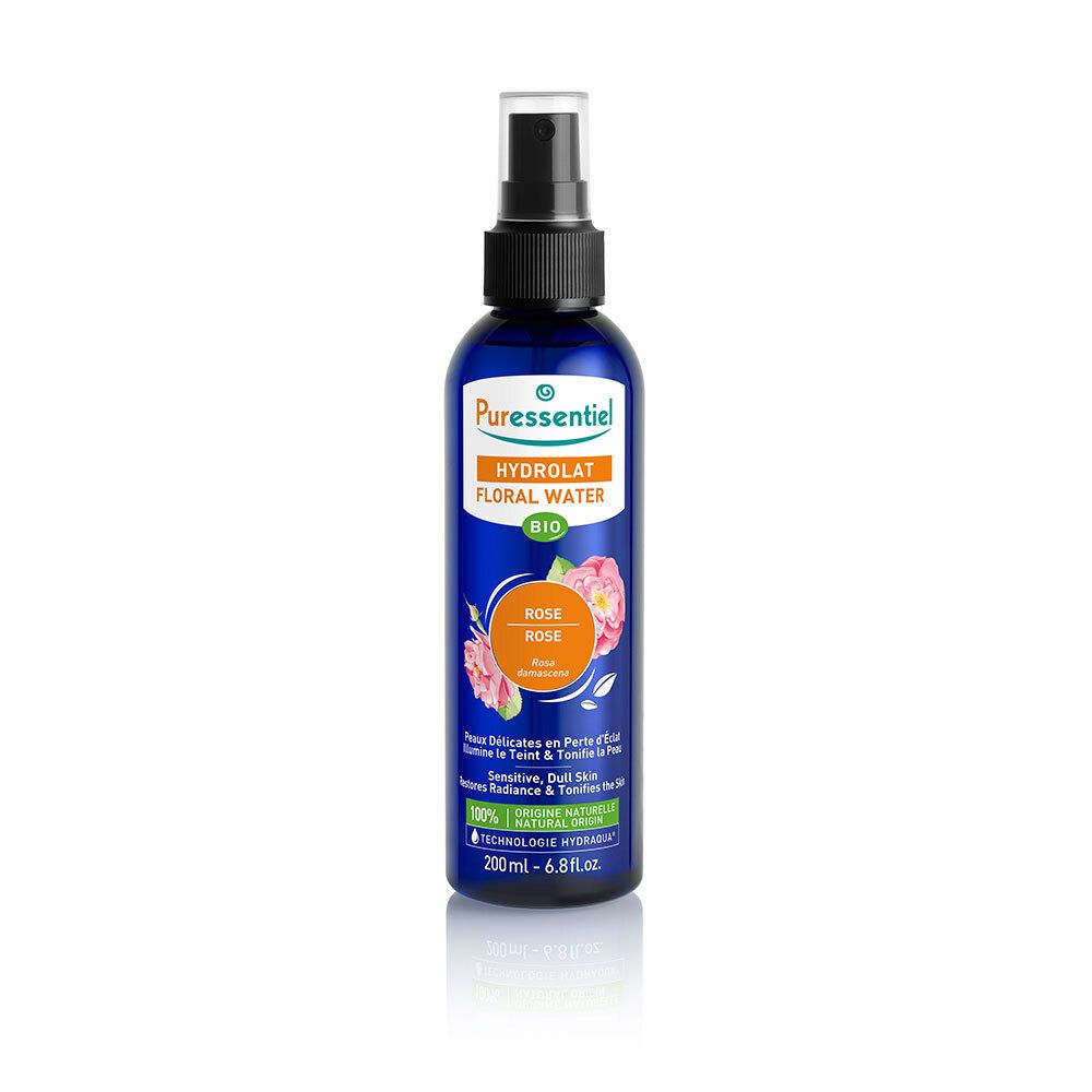 Blauwe fles met verstuiver. Opschrift: Puressentiel, Hydrolat Floral Water Bio. Illustratie van rozen.
