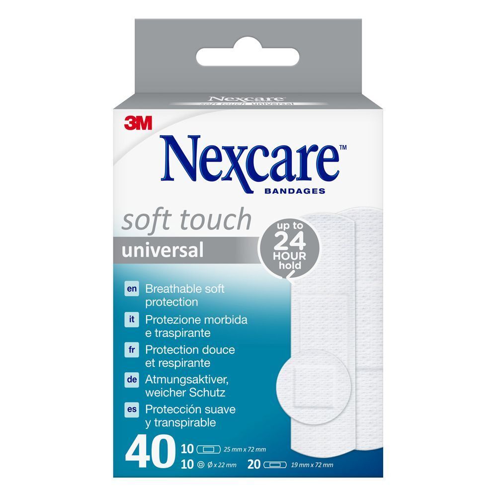 Boîte de pansements Nexcare Soft Touch Universal. Contient 40 pansements de différentes tailles.