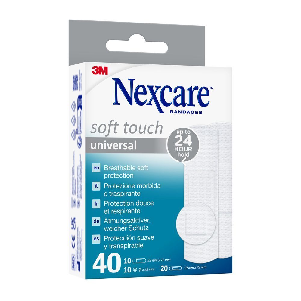 Boîte de pansements Nexcare Soft Touch Universal. Contient 40 pansements de différentes tailles.