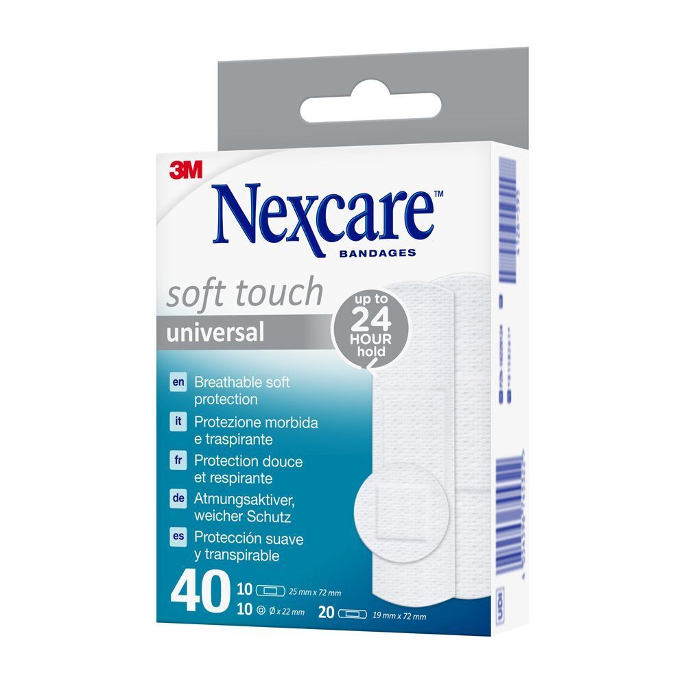 Boîte de pansements Nexcare Soft Touch Universal. Contient 40 pansements de différentes tailles.