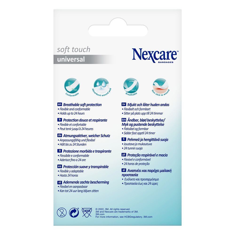 Boîte de pansements Nexcare Soft Touch Universal. Contient 40 pansements de différentes tailles.