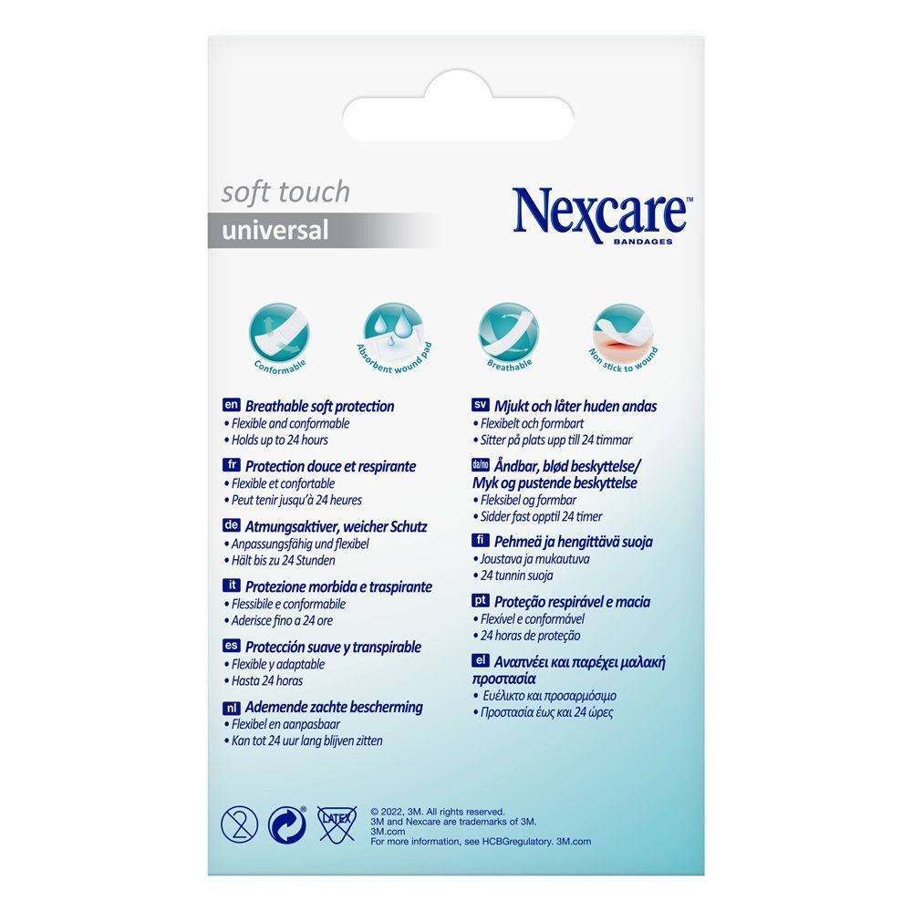 Boîte de pansements Nexcare Soft Touch Universal. Contient 40 pansements de différentes tailles.