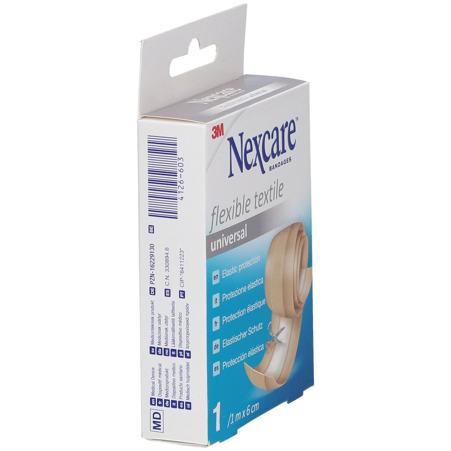 Verpakking Nexcare Flexible Textile Universal. Beige rol, schaar. 1 m x 6 cm. Barcode en info.