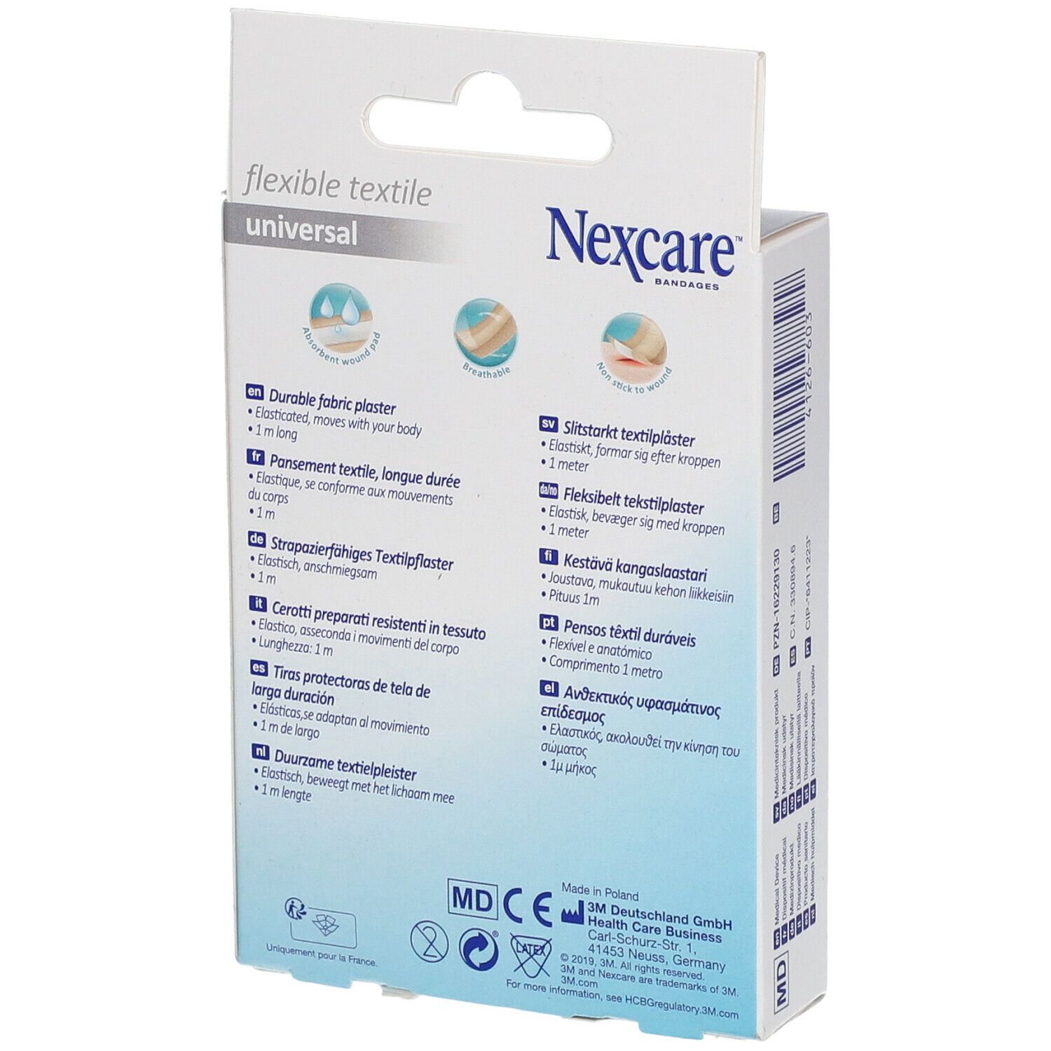 Achterkant verpakking Nexcare Flexible Textile Universal. Productinfo in meerdere talen.