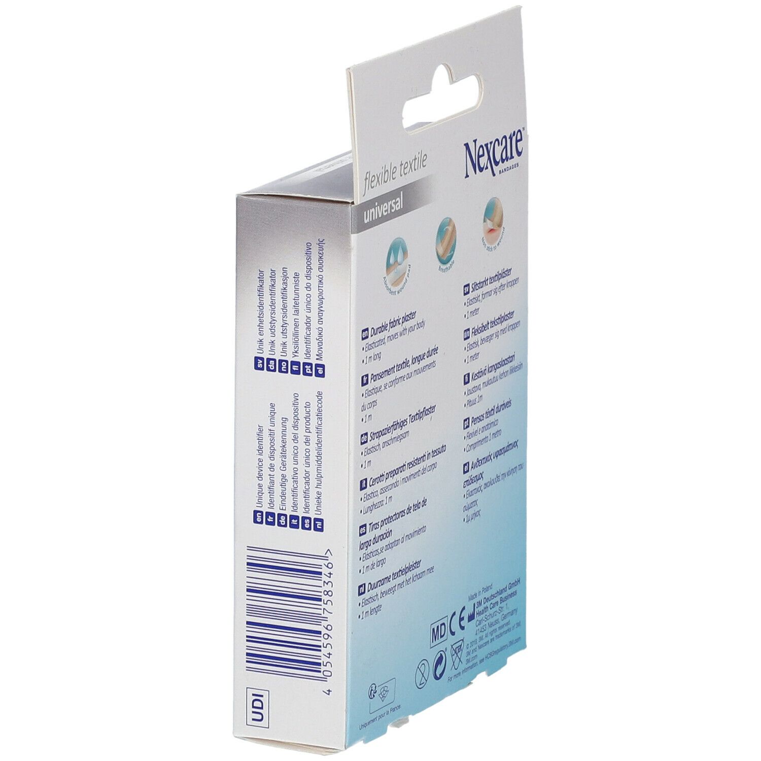 Verpakking Nexcare Flexible Textile Universal. Productinfo en barcode op achterkant.