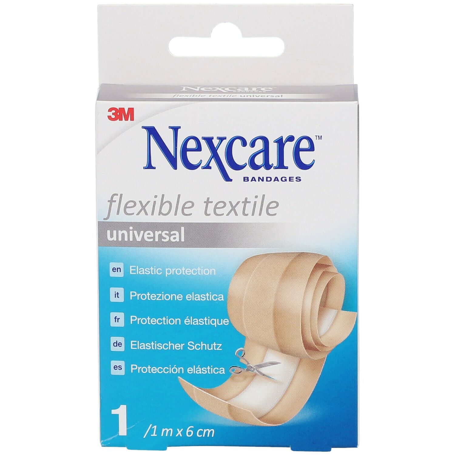 Verpakking Nexcare Flexible Textile Universal. Beige rol met schaar. 1 m x 6 cm.