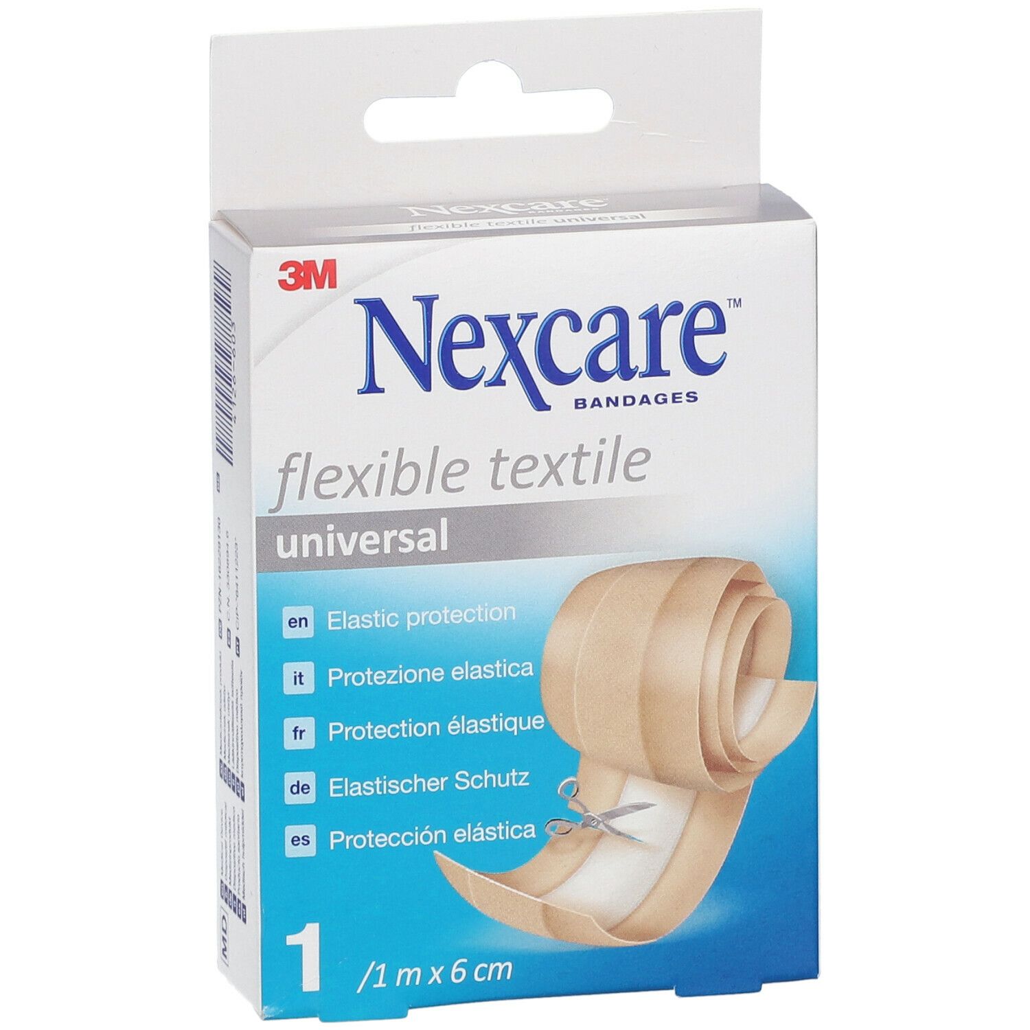 Verpakking Nexcare Flexible Textile Universal. Beige rol met schaar. 1 m x 6 cm.