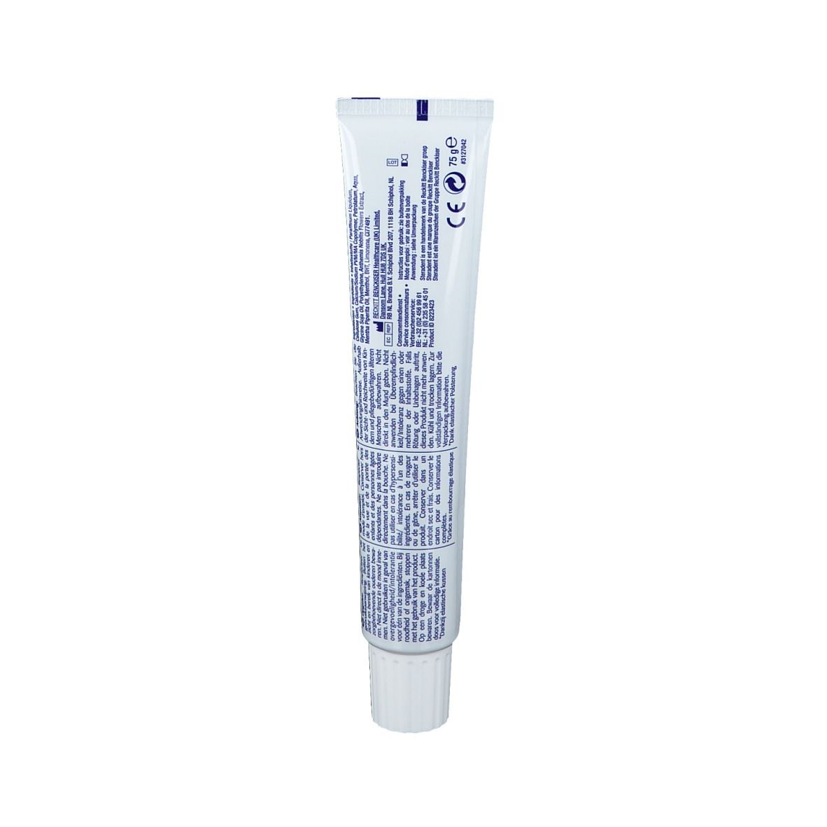Dos d'un tube de crème dentaire. Texte en bleu. Contient des informations et des marquages.