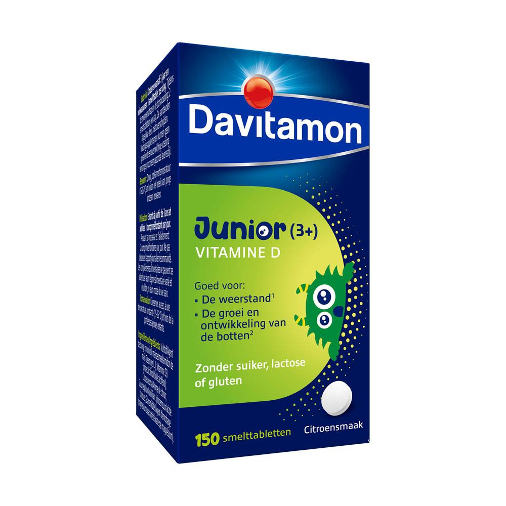 Fles Davitamon Junior (3+) Vitamine D. Blauw etiket, witte dop. 150 tabletten.