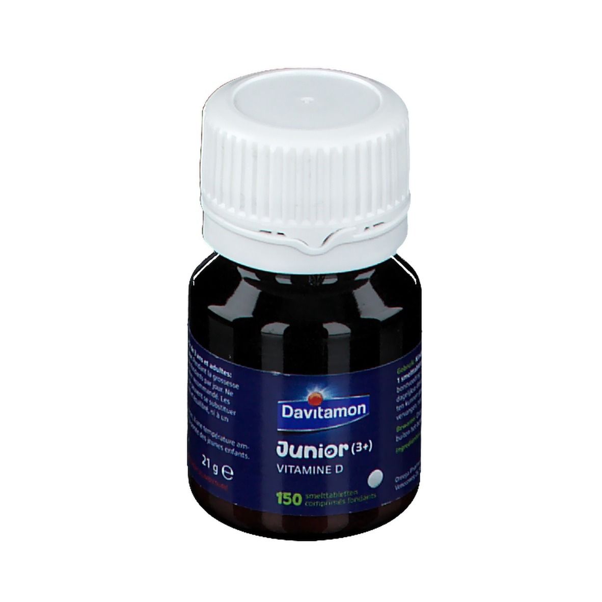 Fles Davitamon Junior (3+) Vitamine D. Blauw etiket, witte dop. 150 tabletten.