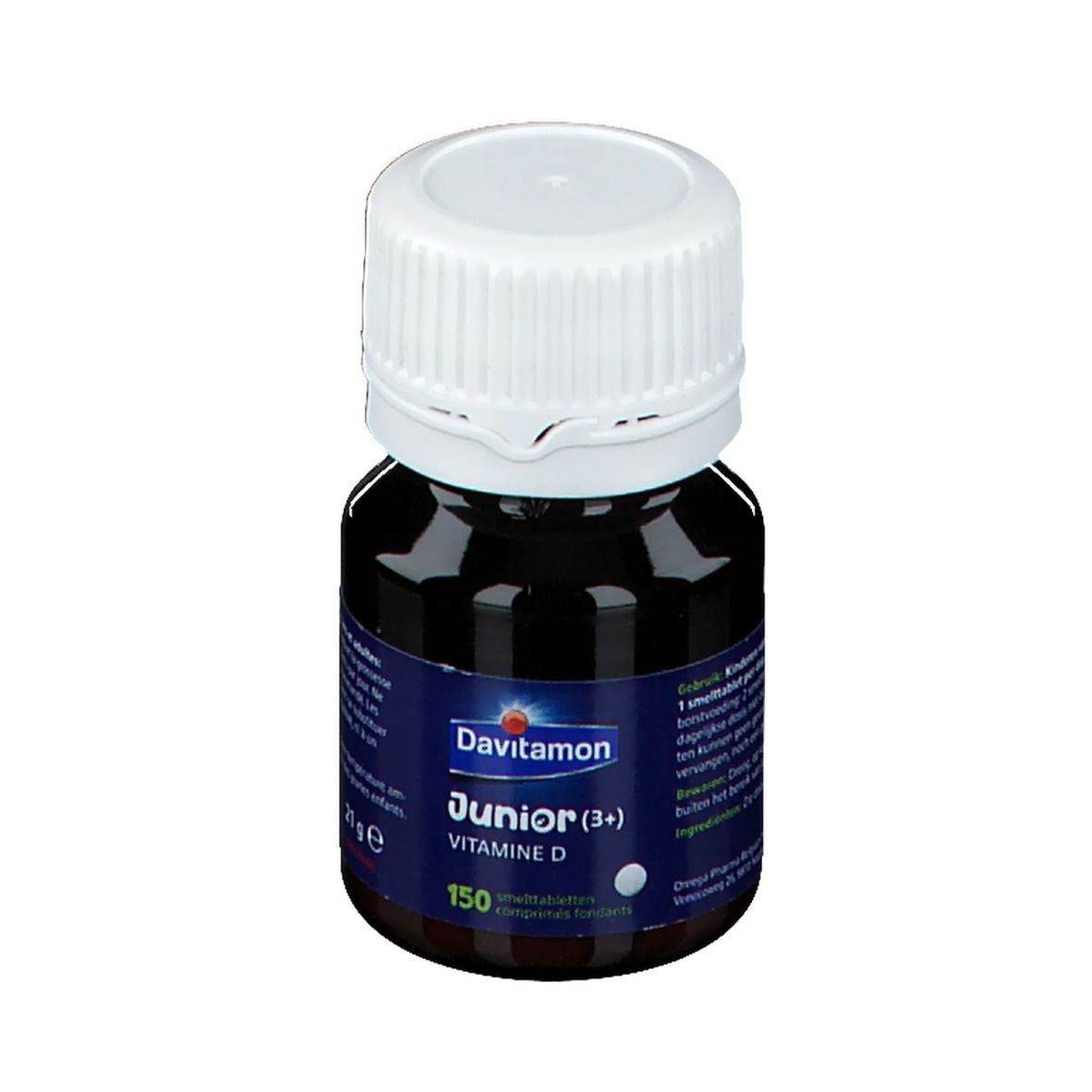 Fles Davitamon Junior (3+) Vitamine D. Blauw etiket, witte dop. 150 tabletten.