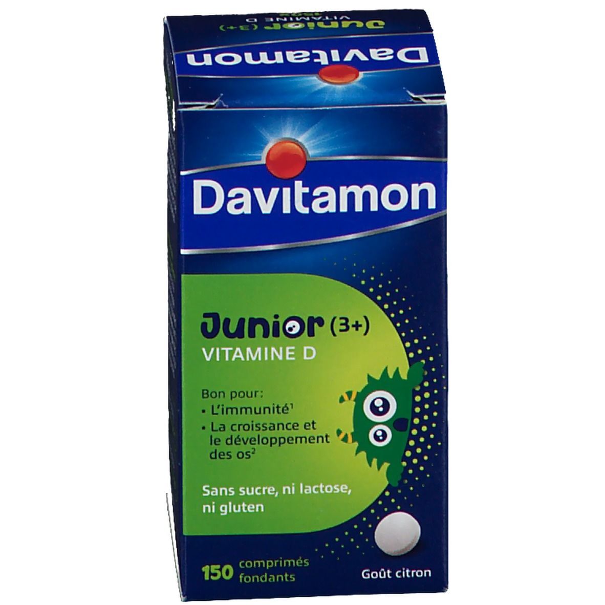Davitamon Junior (3+) Vitamine D doos. Blauwe verpakking. 150 tabletten. Citroensmaak.