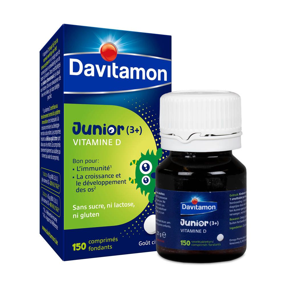 Flacon Davitamon Junior (3+) Vitamine D. Étiquette bleue, bouchon blanc. 150 comprimés.
