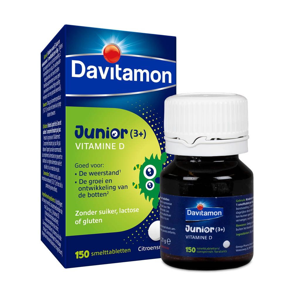 Fles Davitamon Junior (3+) Vitamine D. Blauw etiket, witte dop. 150 tabletten.