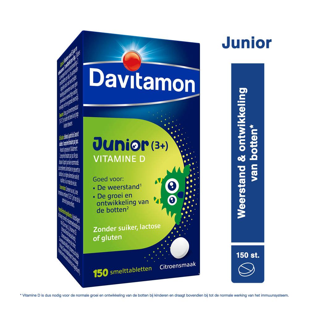 Fles Davitamon Junior (3+) Vitamine D. Blauw etiket, witte dop. 150 tabletten.