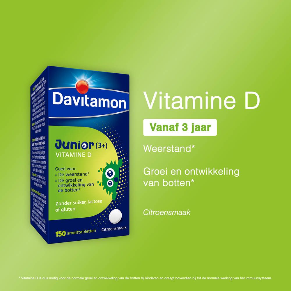 Fles Davitamon Junior (3+) Vitamine D. Blauw etiket, witte dop. 150 tabletten.