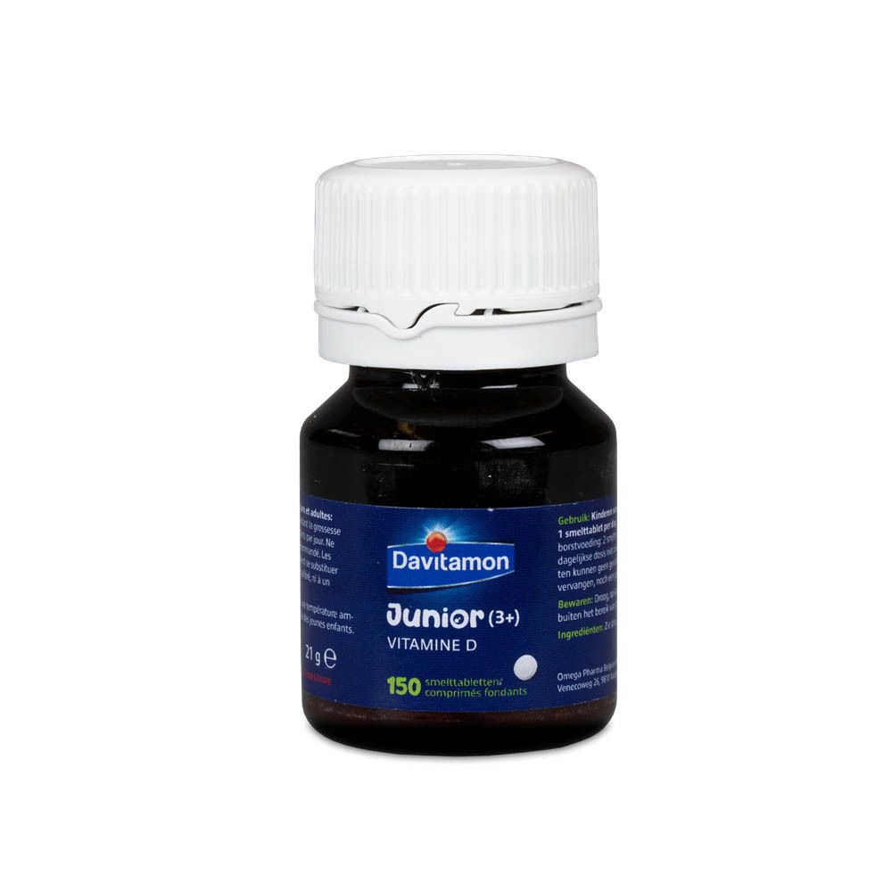 Fles Davitamon Junior (3+) Vitamine D. Blauw etiket, witte dop. 150 tabletten.