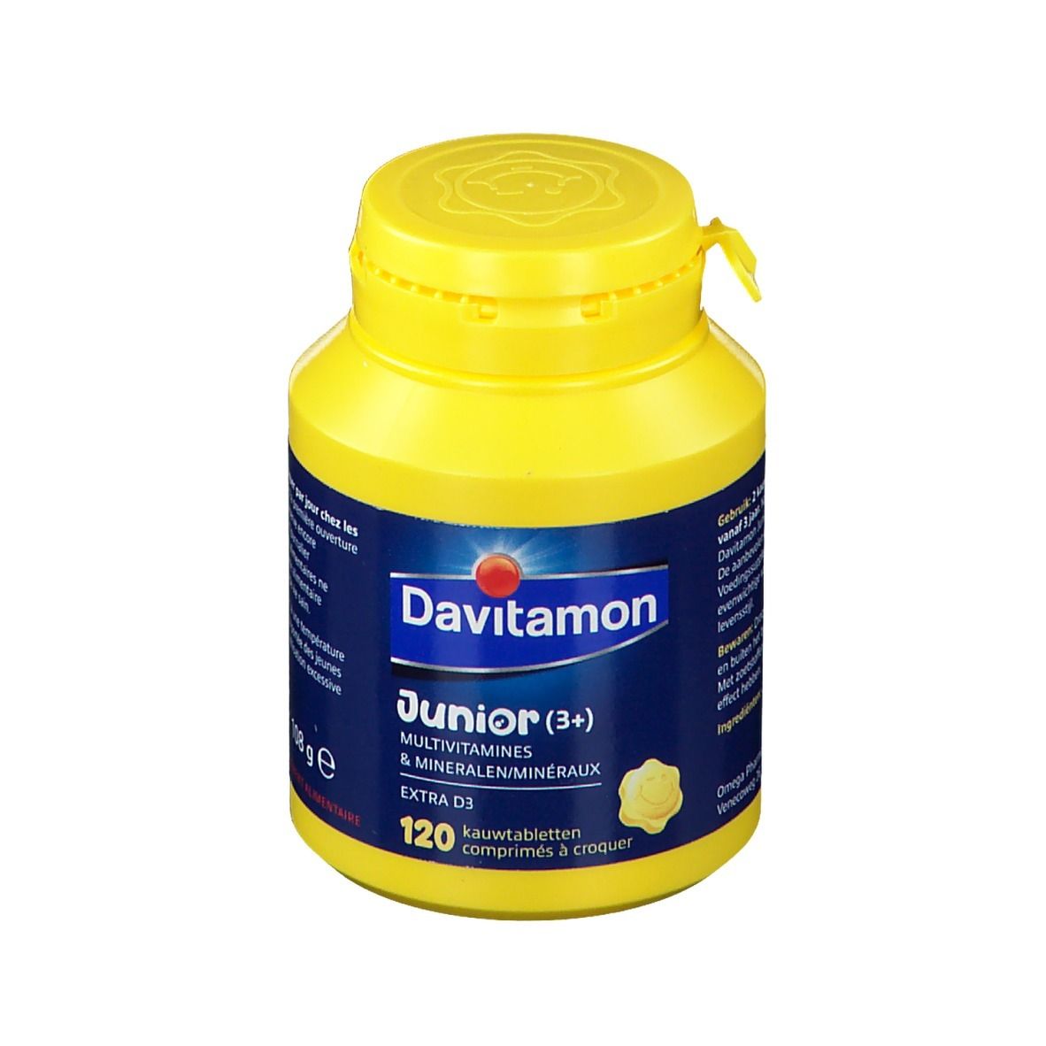 Gele fles Davitamon Junior (3+) Multivitaminen. 120 kauwtabletten. Blauw etiket met productinfo.