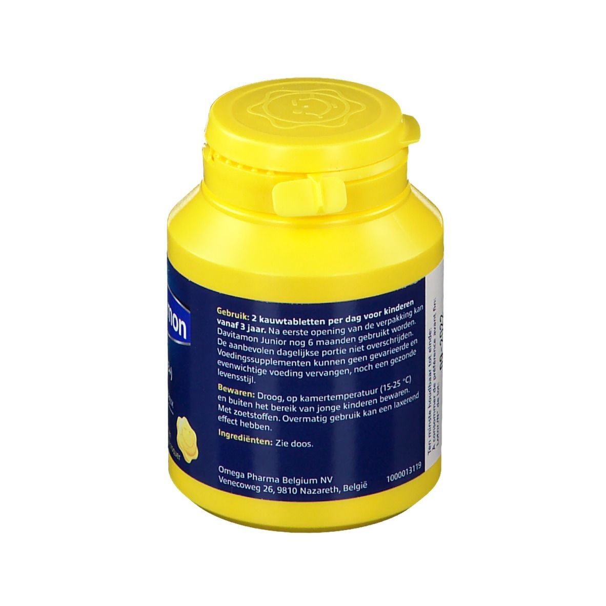 Achterkant gele fles Davitamon Junior (3+). Blauw etiket met productinfo en ingrediënten.